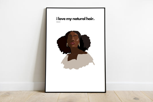 I Love My Natural Afro Puffs | Instant Download, Black Girl Boho Art, Afro-American Art, Natural Hair Print, Black Woman, Black Girl Afro